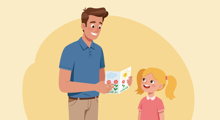 Cartoon Father and Daughter with Handmade Card Featuring Flowers and Sun.