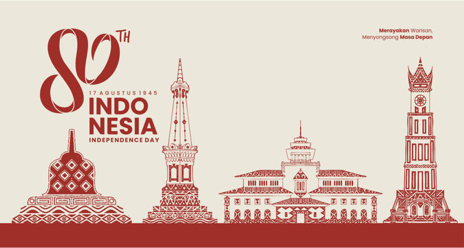 80th Indonesia Independence Day Banner with Traditional Landmark Line Art