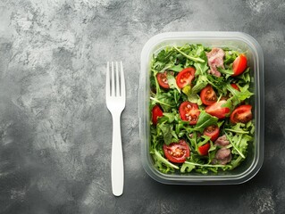 Top above view of green salad tomato vegetable.