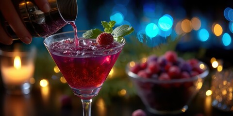 Crafting a refreshing cocktail with vibrant colors and fresh ingredients at a cozy evening gathering