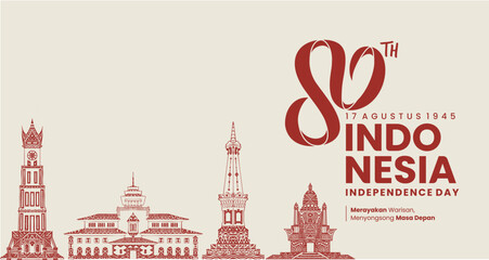 80th Indonesia Independence Day Banner with Traditional Landmark Line Art