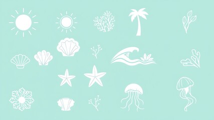 Seaside summer icon collection featuring sun shells starfish palm tree and marine life elements