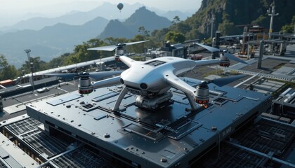 Fototapeta premium In Futuristic City Aluminium-Air Drone Battery System 