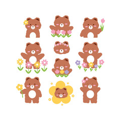 Cute Hand Drawn Cartoon Bears with Flowers Collection