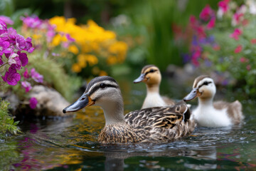 Ducks swimming in a tranquil garden pond surrounded by vibrant flowers and greenery