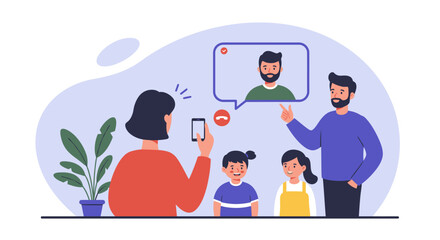 Family video call with father using smartphone with two children and mother.