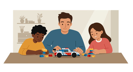 Father and Children Building a Toy Car with Colorful Blocks Together.