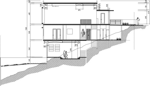 vector illustration of architectural detail design of site plan section view of facade of split level 3 storey residential house
