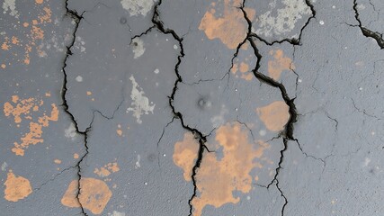 Fototapeta premium Weathered and cracked asphalt surface with orange and gray color blotches forming a detailed texture