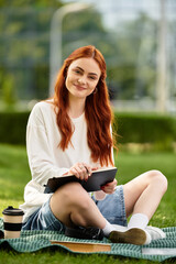 Enjoying a sunny afternoon outdoors while reading and sipping coffee in a lush green park
