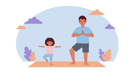 Father and Daughter Practicing Yoga Together on a Mat Flat Vector Illustration.