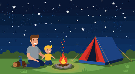 Father and Son Camping by Campfire Under Starry Night Illustration.