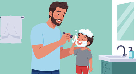 Father and Son Bonding Shaving Cream Fun in the Bathroom.