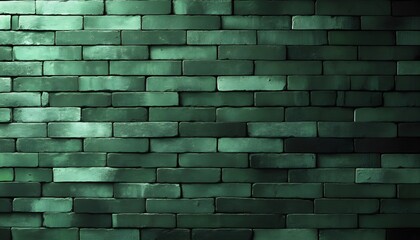 A green brick wall with subtle texture variations and soft natural lighting serves as a minimalist wallpaper background, featuring weathered green and dark green bricks arranged in a classic pattern.