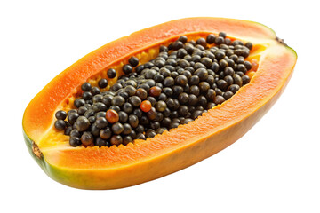 Fresh cut papaya fruit with seeds healthy food tropical orange color closeup on transparent background
