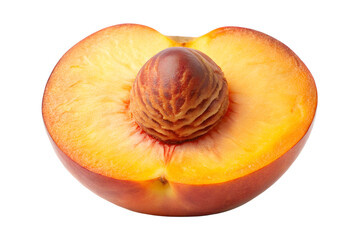 Isolated peach fruit cut in half showing pit, healthy eating food concept on transparent background