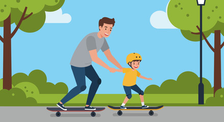 Father and Son Skateboarding Together in the Park Wearing Protective Gear.
