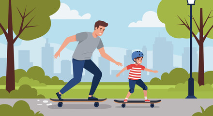 Father and Son Skateboarding Together in the Park Wearing Casual Clothes and Protective Gear.
