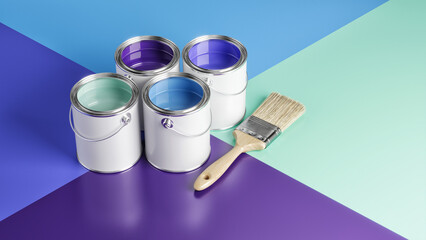 Open Cans With Color Paint and Brush - 3d illustration