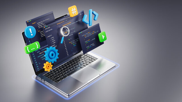 Programming, coding, development concept. Code, HTML, php web programming source code. 3d rendering