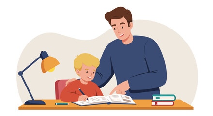 Father Helping Son with Homework at Desk Under Lamp Illustration.