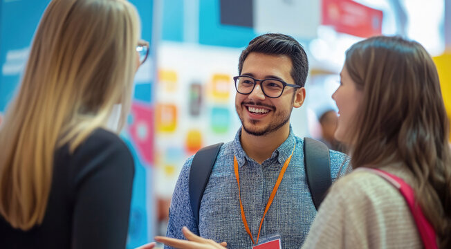 Young professionals networking at a business event with colorful background. Selective focus.
