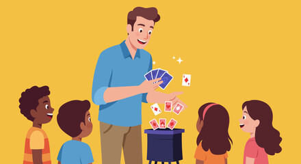 Magician Performing Card Tricks for Children with a Magic Box and Sparkling Effects.