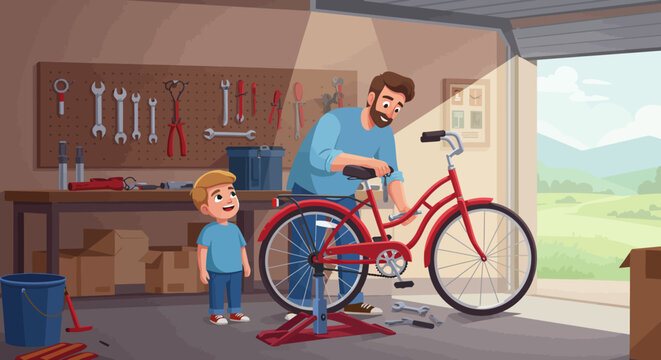 Red bicycle being repaired by a man in a garage with tools and a child watching.