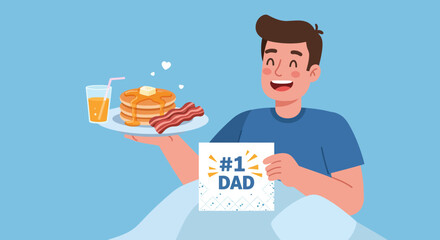 Smiling Man Holding Breakfast Tray and 1 Dad Card in Bed.
