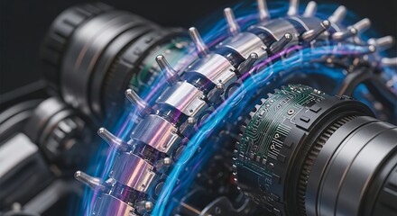 Close-up view of intricate mechanical components, gears, and circuits, highlighted by vibrant blue light effects.