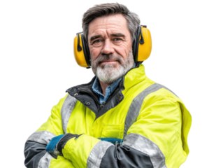 Experienced Worker in Safety Gear: A portrait of a mature man, showcasing his experience and commitment to workplace safety, wearing a bright yellow high-visibility jacket and protective earmuffs.