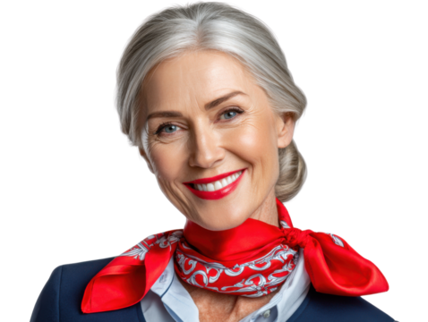 Charming Smile: An elegant older woman, radiating poise and grace, captivates with her vibrant lipstick and a classy scarf. Capturing her timeless beauty and inviting warmth.