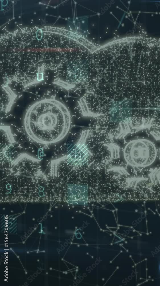 Poster animation of scanning, malware and cloud with cogs over black background