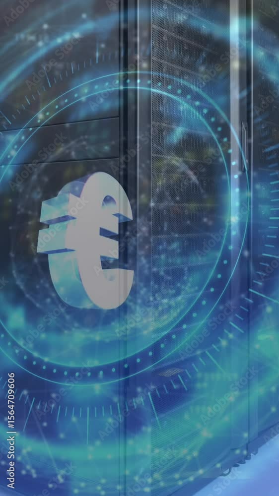 Poster animation of euro symbol on rotating safe lock over computer server room