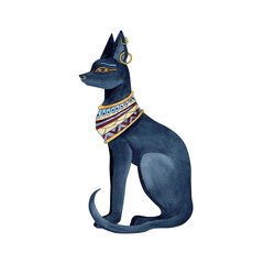 Bastet Egyptian goddess, religion icon. Ancient symbol. Black cat with Jewelry. Watercolor illustration isolated on white. Culture concept for textile, souvenir products, patterns and ornament design