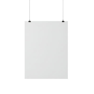 A blank white poster hanging from the ceiling with clips,  isolated on a transparent background, png, cutout	