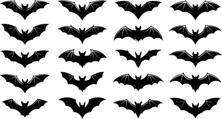 Fototapeta premium Collection of flying bat icons in a simple black silhouette style