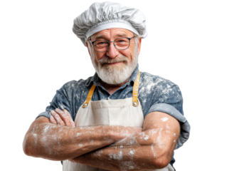 Flour-Power Senior Baker: A jovial senior baker, covered in flour, beams with pride, his arms crossed, showcasing his passion for baking.