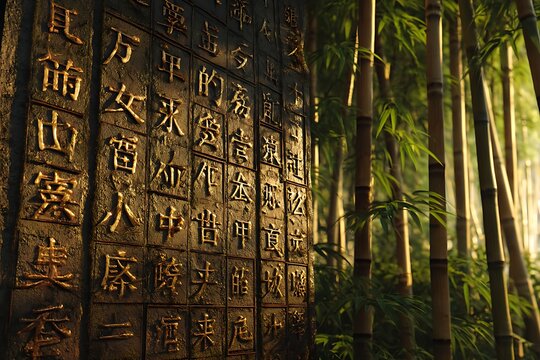 Ancient Script in Bamboo Grove: Intricate golden characters etched on an ancient stone tablet stand in serene contrast to a sunlit bamboo grove, hinting at a timeless wisdom.
