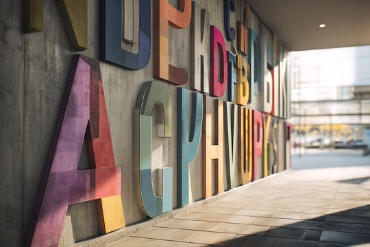 Artistic Letters on Concrete: A captivating visual narrative where colorful, dimensional letters adorn a weathered concrete wall, evoking a sense of urban artistry and design.
