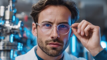 A focused scientist adjusts his glasses in a modern lab, surrounded by advanced equipment and blue lighting.