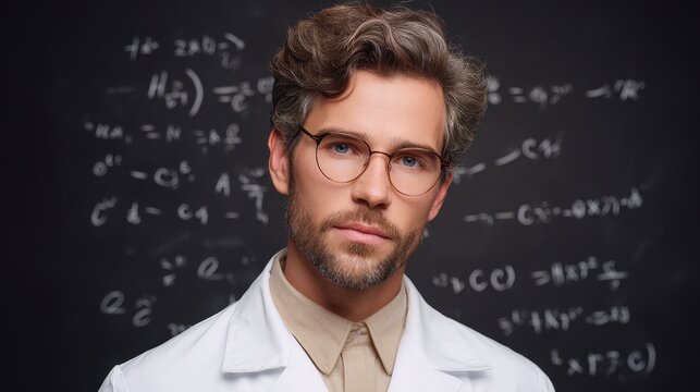A thoughtful man in a lab coat stands against a blackboard filled with mathematical equations, exuding intelligence and curiosity.