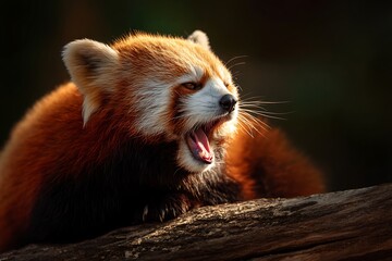 Obraz premium Red Panda's Yaw: A close-up shot of a red panda mid-yawn, its vibrant reddish-brown fur and captivating features against a soft background, showing the quiet energy of wildlife.
