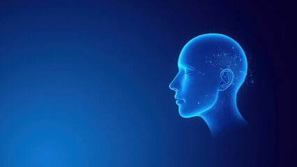 Digital illustration of face particles with clear glowing blue background, artificial intelligence concept.