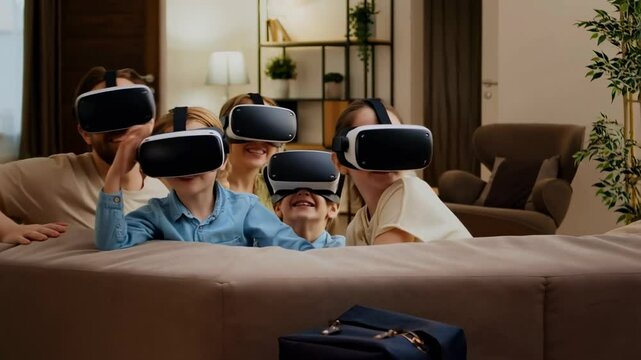 Family enjoying immersive VR travel experience in their living room
