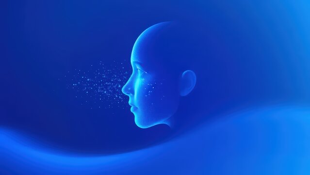 Digital illustration of face particles with clear glowing blue background, artificial intelligence concept. - Powered by Adobe
