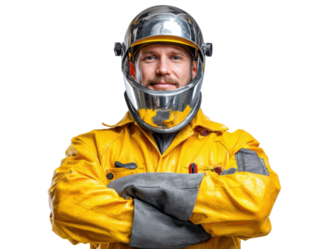 Confident Worker: Portrait of a dedicated and skilled individual in protective workwear. The image evokes a sense of competence, safety, and industry.