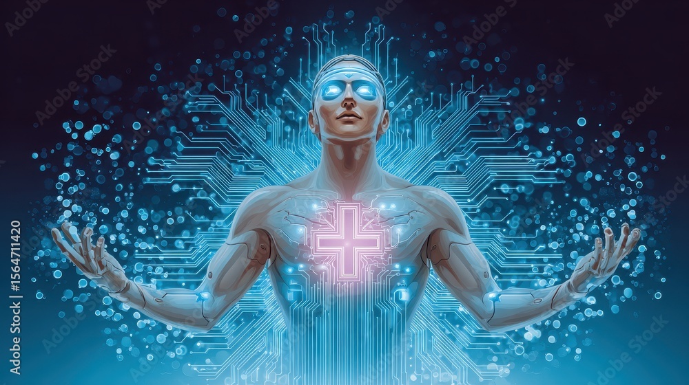 Poster a futuristic figure with circuits and digital elements, representing the fusion of technology and hu