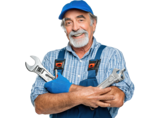 Smiling Mechanic with Tools: An experienced and friendly mechanic, donning a blue cap and overalls, holds two wrenches, conveying expertise and reliability in his trade.