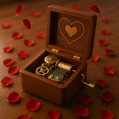 ハートモチーフの繊細なオルゴールと舞い落ちるバラの花びら｜木の机に広がるときめきの瞬間、ノスタルジックで愛らしい癒しのメロディと静けさ